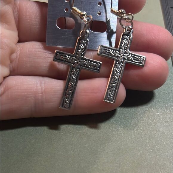 Silver Cross Dangle Earrings - Picture 4 of 4